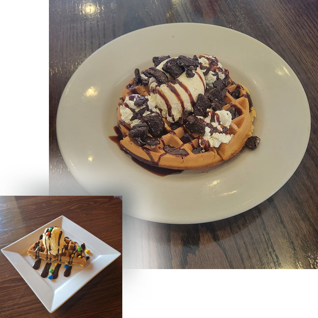 Ruby's Family Restaurant in Minnesota dessert breakfast waffles topped with candy, ice cream and chocolate drizzle