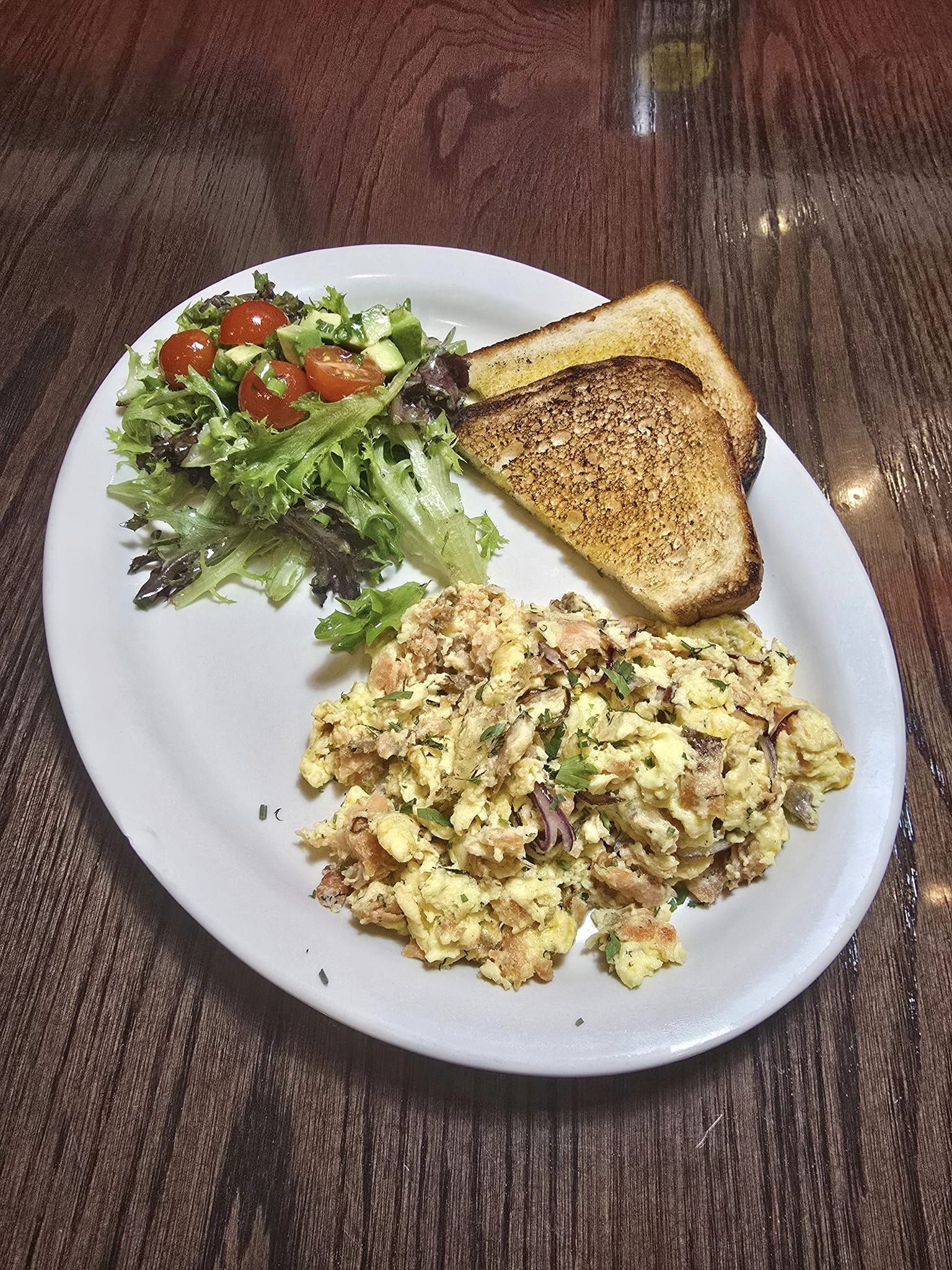 Ruby's Family Restaurant in Minnesota salmon scrambled eggs, toast and salad